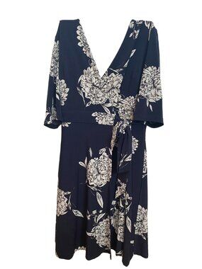 Vince Camuto Blue and White Wrap Midi Dress V-Neck 3/4 Sleeve